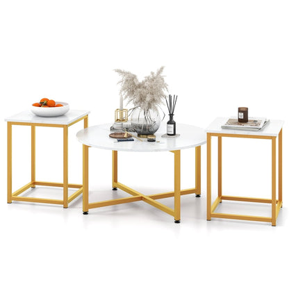 Goflame Round Nesting Table Set of 3, Farmhouse Coffee Table w/2 End Tables, Sturdy Metal Frame (Black Oak)