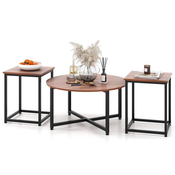 Goflame Round Nesting Table Set of 3, Farmhouse Coffee Table w/2 End Tables, Sturdy Metal Frame (Black Oak)