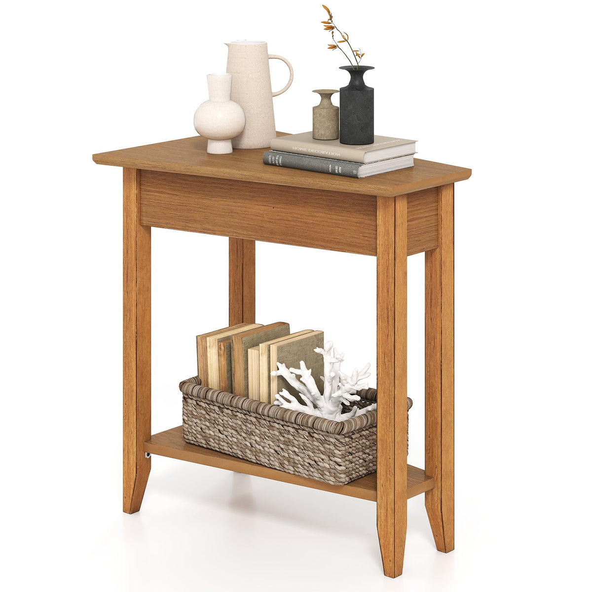 Goflame White Wedge End Table Set of 1 or 2, Triangle Side Table with Storage Shelf and Solid Wood Legs