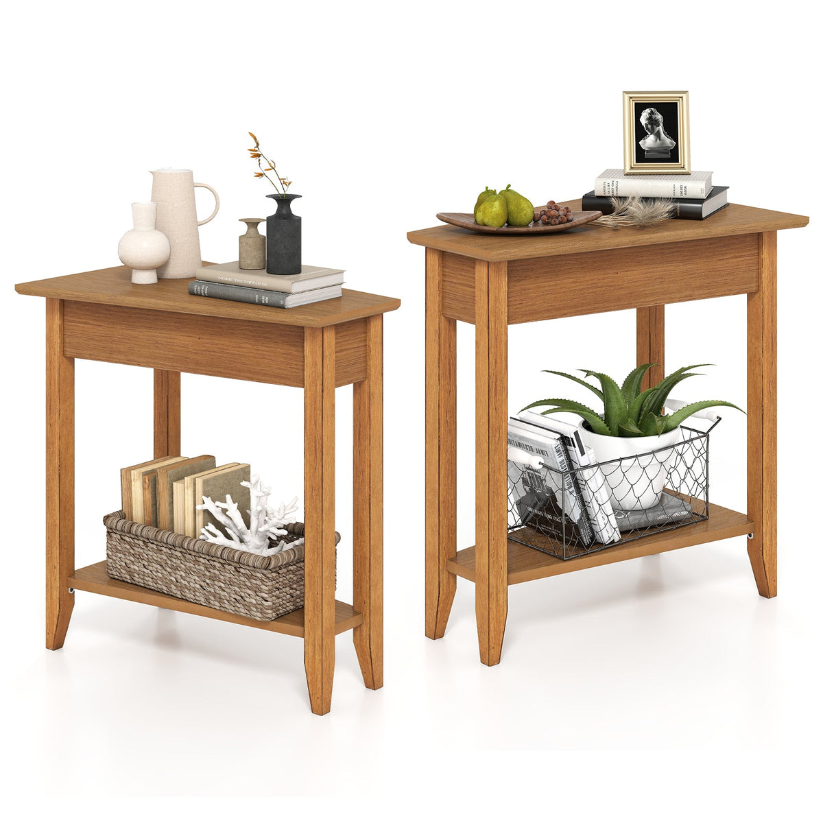 Goflame White Wedge End Table Set of 1 or 2, Triangle Side Table with Storage Shelf and Solid Wood Legs