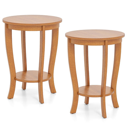 Goflame Round End Table with Storage Shelf Set of 2, Retro Nightstand with Solid Wood Legs, 24.5" Accent Table for Small Spaces