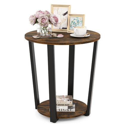 Goflame Round End Table Set of 1/2, 2-Tier Side Sofa Table with Open Storage Shelf and Metal Frame