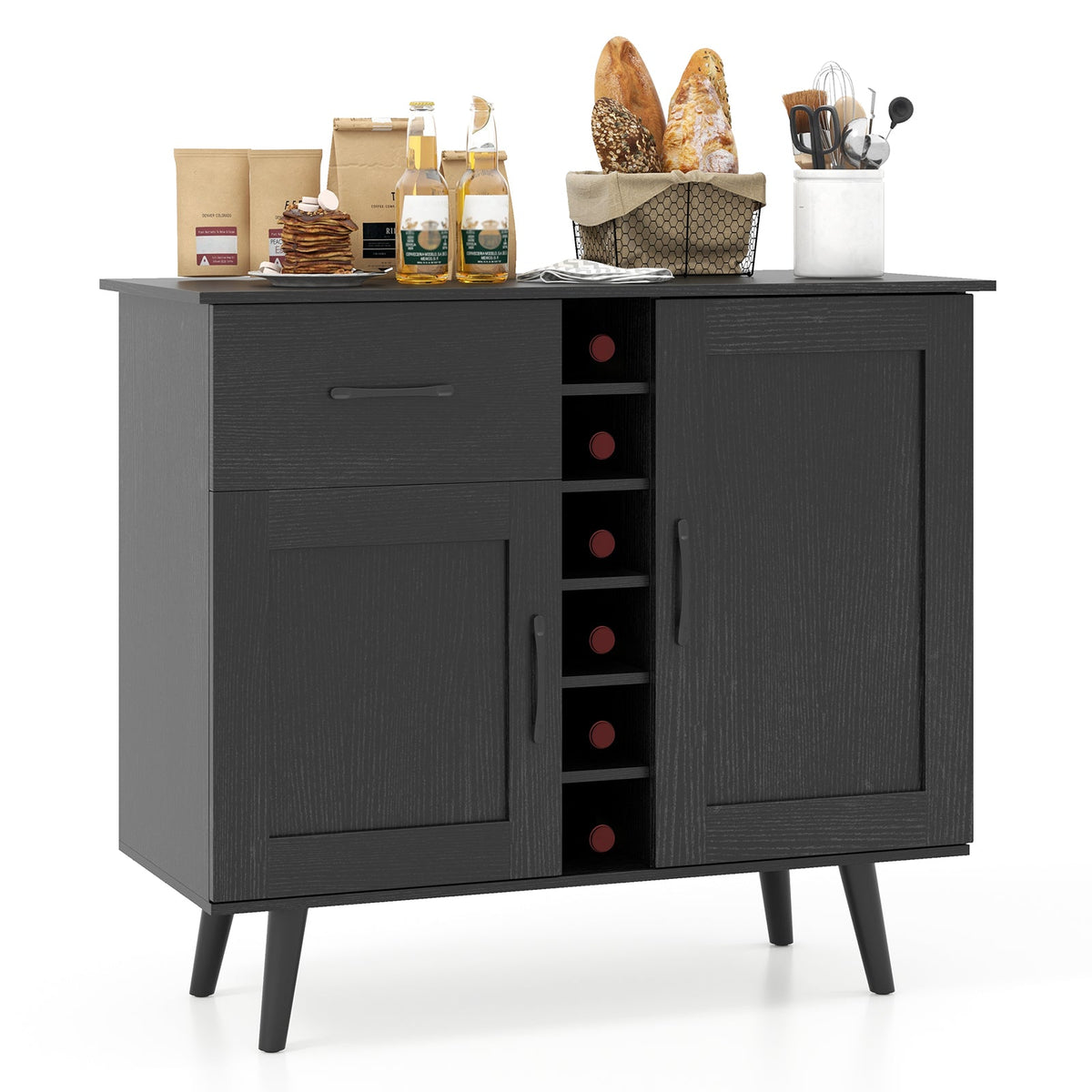 Goflame Buffet Sideboard Storage Cabinet - Wood Pantry Cupboard with 6-Bottle Wine Rack