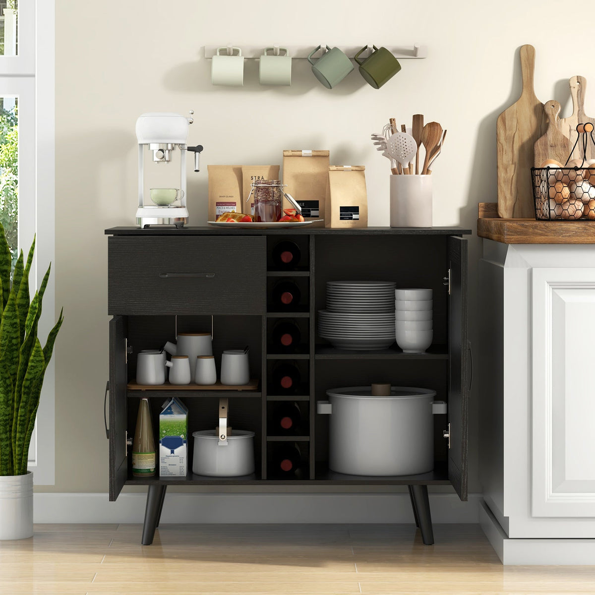 Goflame Buffet Sideboard Storage Cabinet - Wood Pantry Cupboard with 6-Bottle Wine Rack