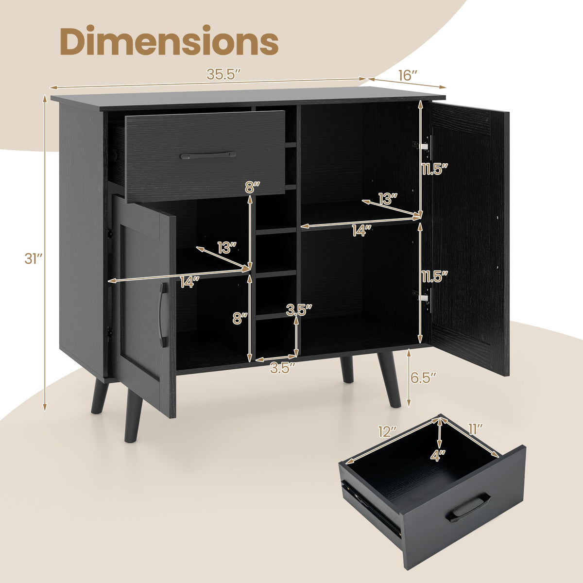 Goflame Buffet Sideboard Storage Cabinet - Wood Pantry Cupboard with 6-Bottle Wine Rack