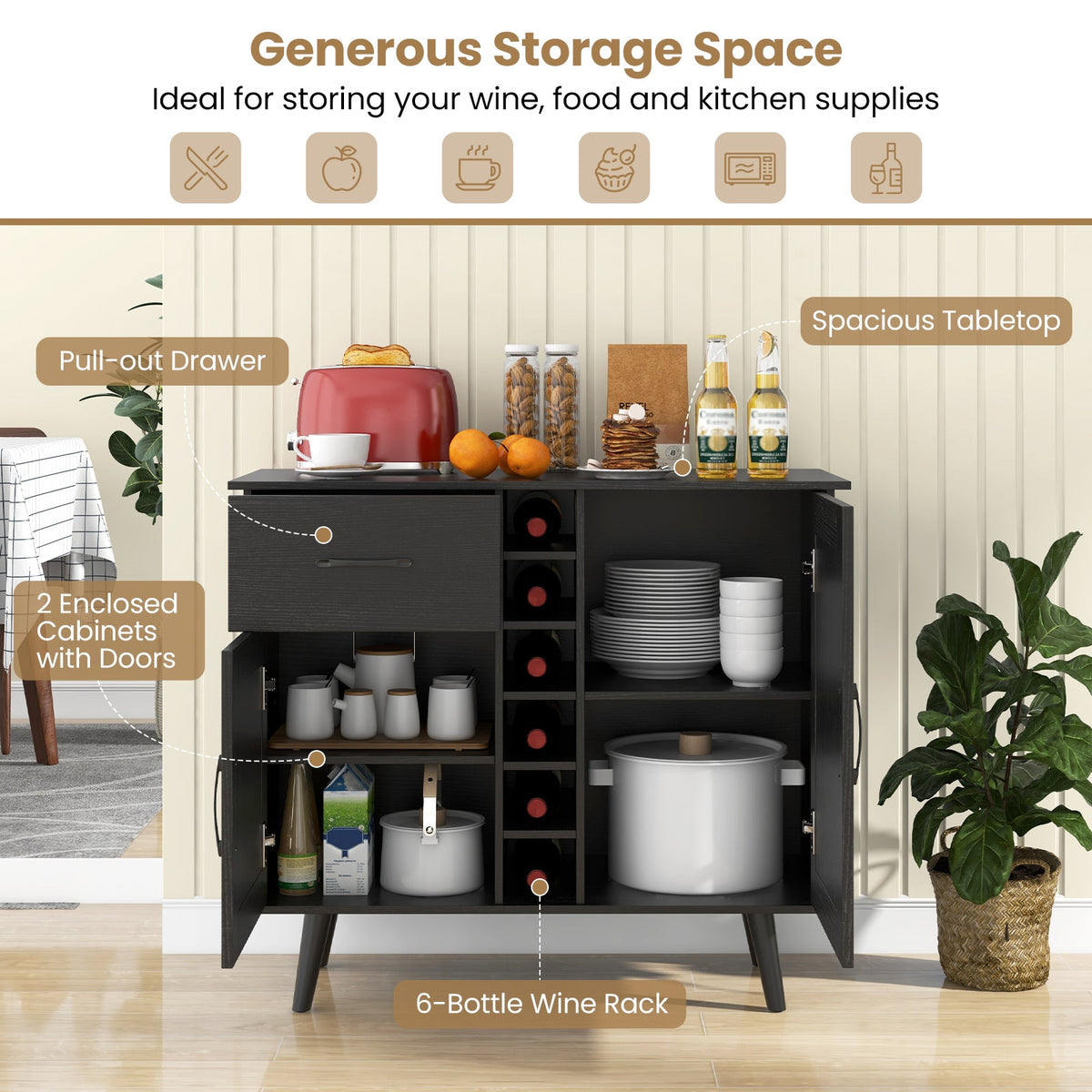 Goflame Buffet Sideboard Storage Cabinet - Wood Pantry Cupboard with 6-Bottle Wine Rack