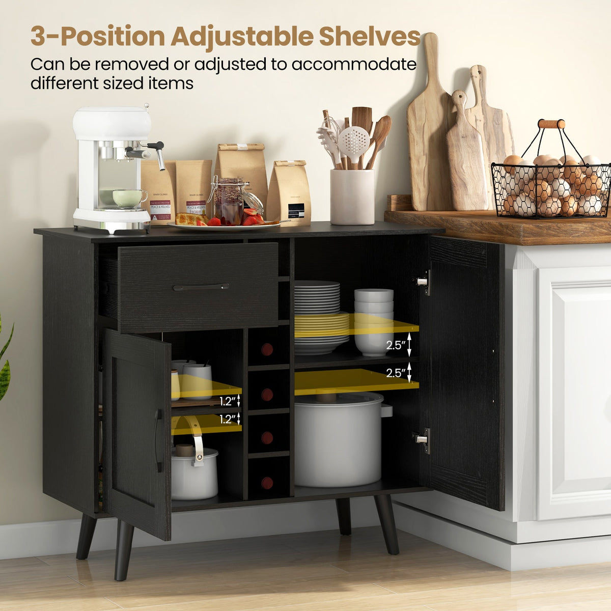 Goflame Buffet Sideboard Storage Cabinet - Wood Pantry Cupboard with 6-Bottle Wine Rack