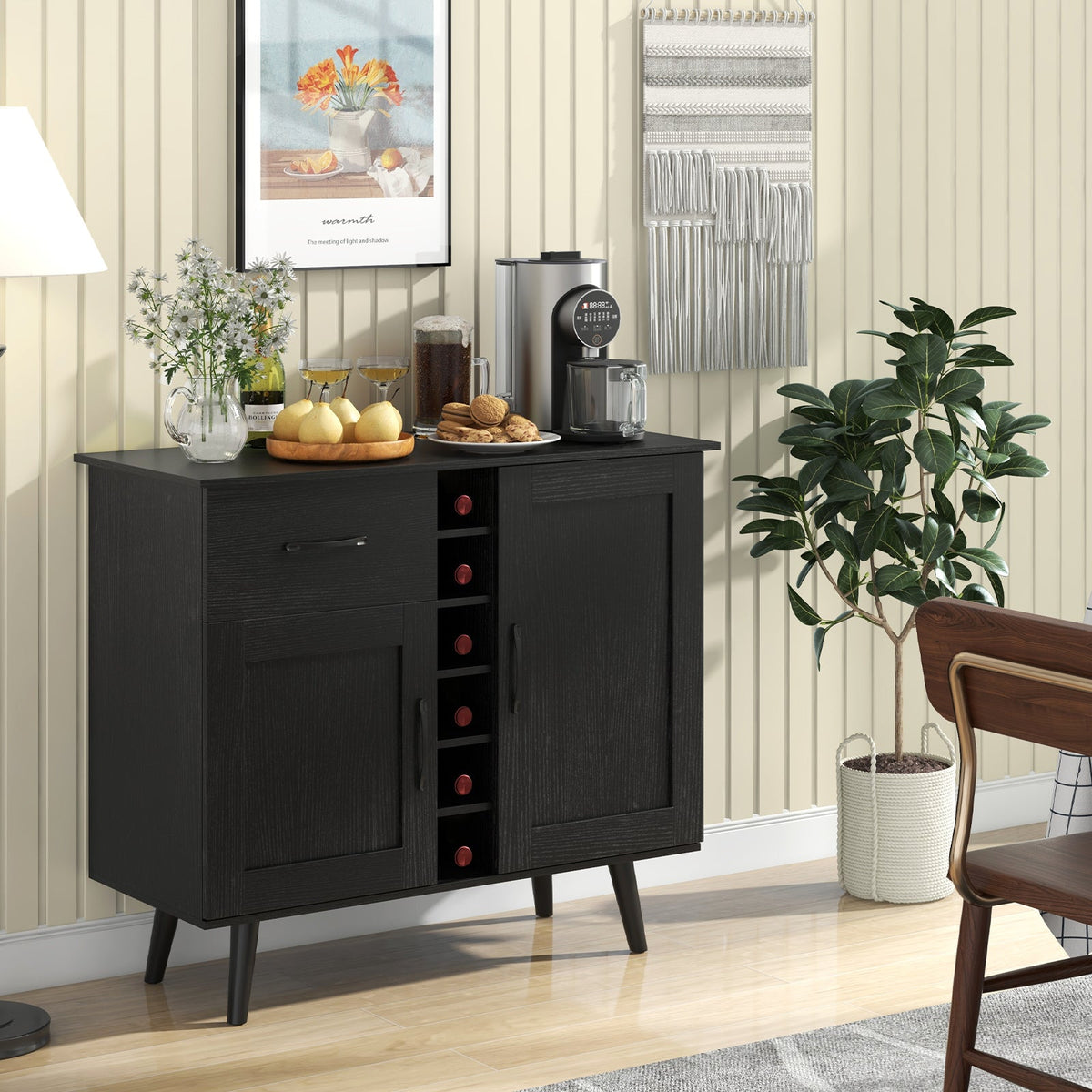 Goflame Buffet Sideboard Storage Cabinet - Wood Pantry Cupboard with 6-Bottle Wine Rack