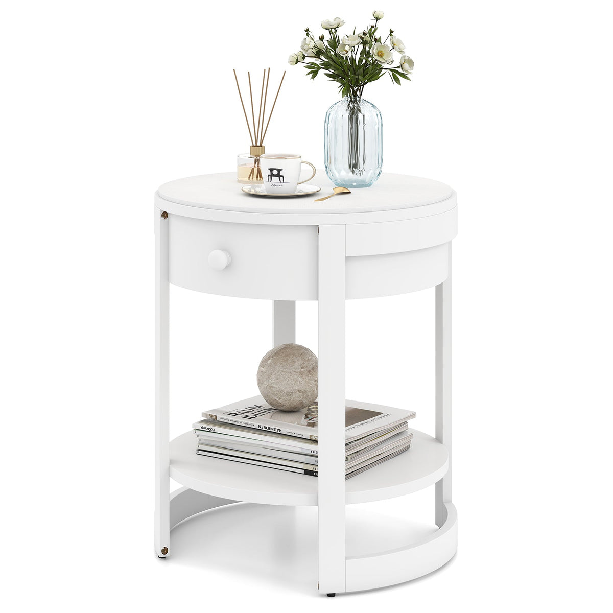 Goflame Round Side Tables Set of 1/2 | 2-Tier Retro End Tables with Drawer & Shelf