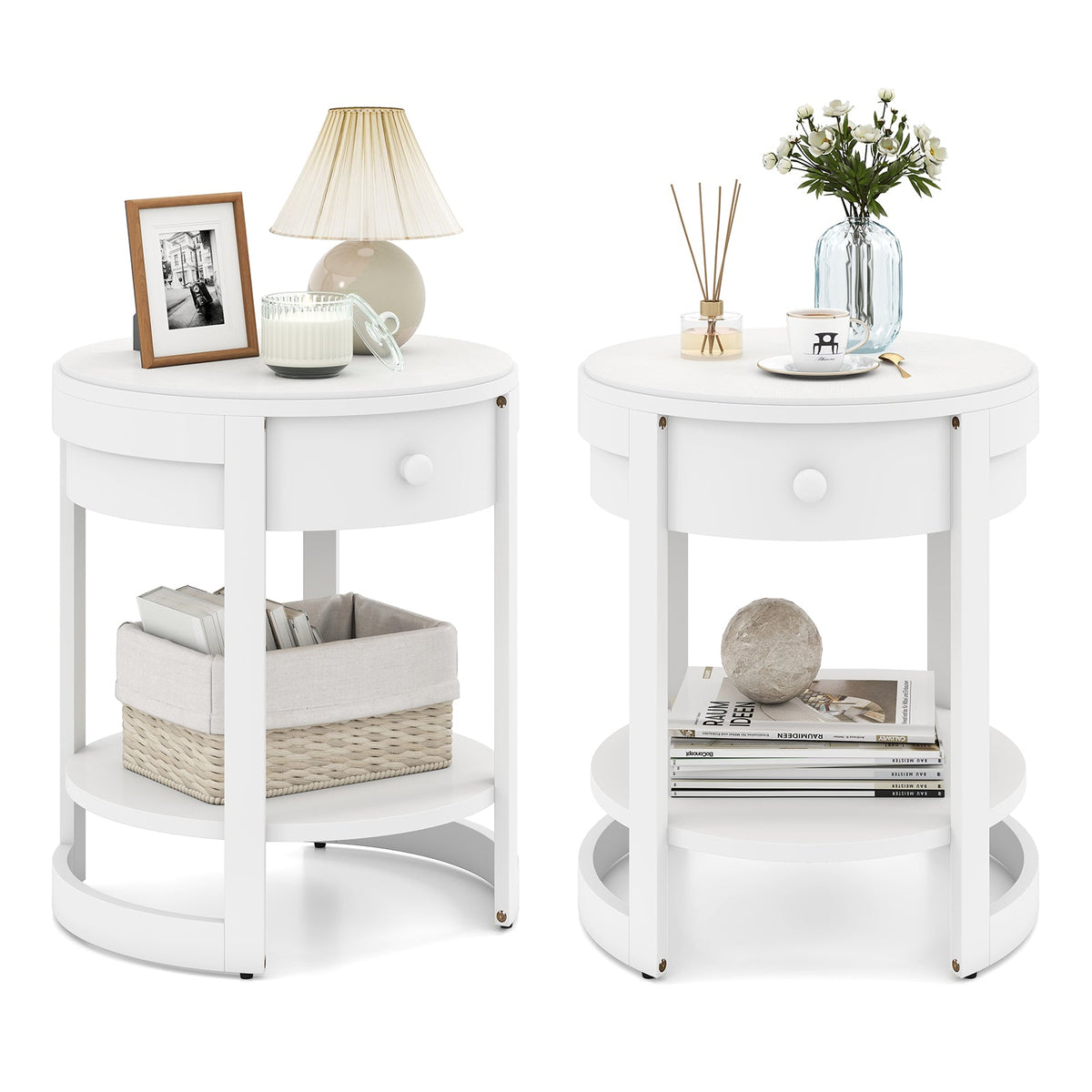 Goflame Round Side Tables Set of 1/2 | 2-Tier Retro End Tables with Drawer & Shelf