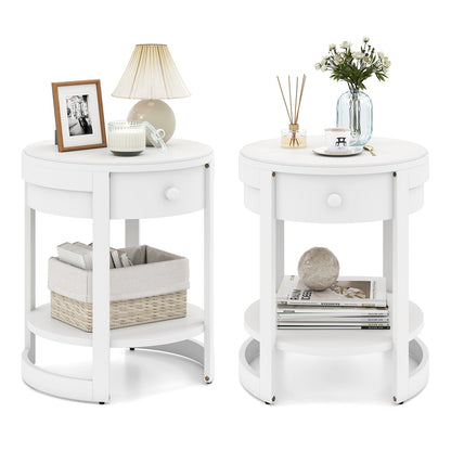 Goflame Round Side Tables Set of 1/2 | 2-Tier Retro End Tables with Drawer & Shelf