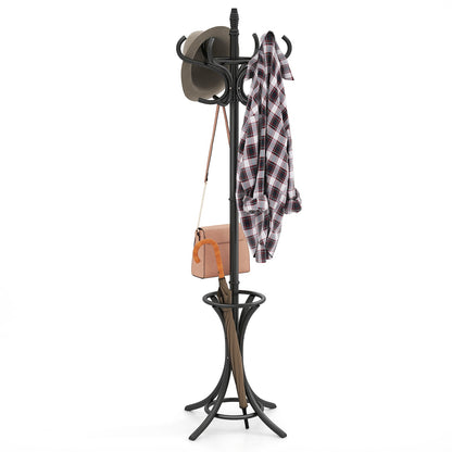 Goflame Solid Wood Coat Rack, Freestanding Hall Tree w/12 Hooks, Umbrella Holder, Entryway Hanger Stand for Coat