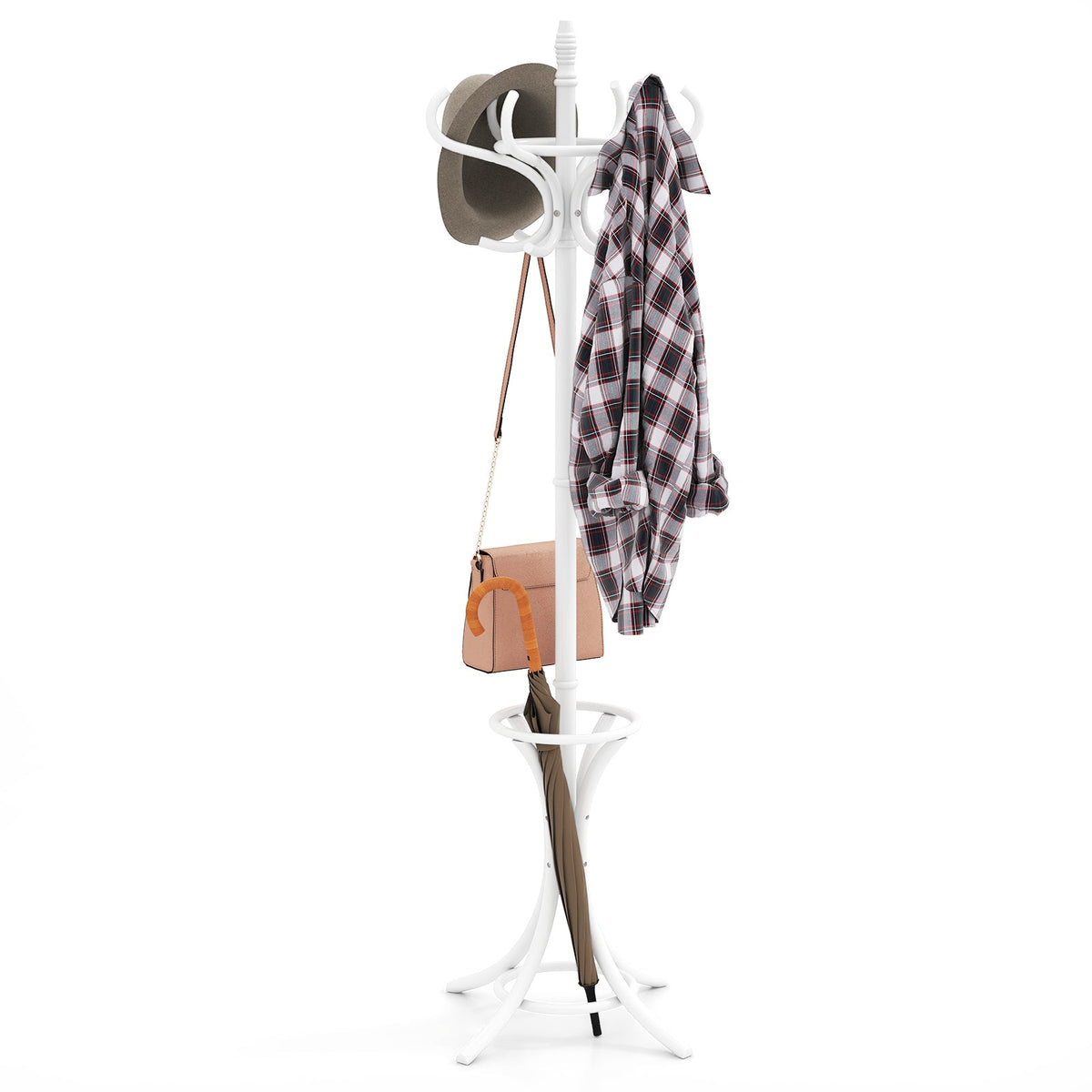 Goflame Solid Wood Coat Rack, Freestanding Hall Tree w/12 Hooks, Umbrella Holder, Entryway Hanger Stand for Coat