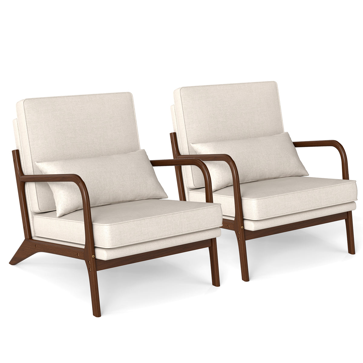Goflame Mid Century Modern Accent Chair, Upholstered Armchair with Pillow, Rubber Wood Armrests & Legs