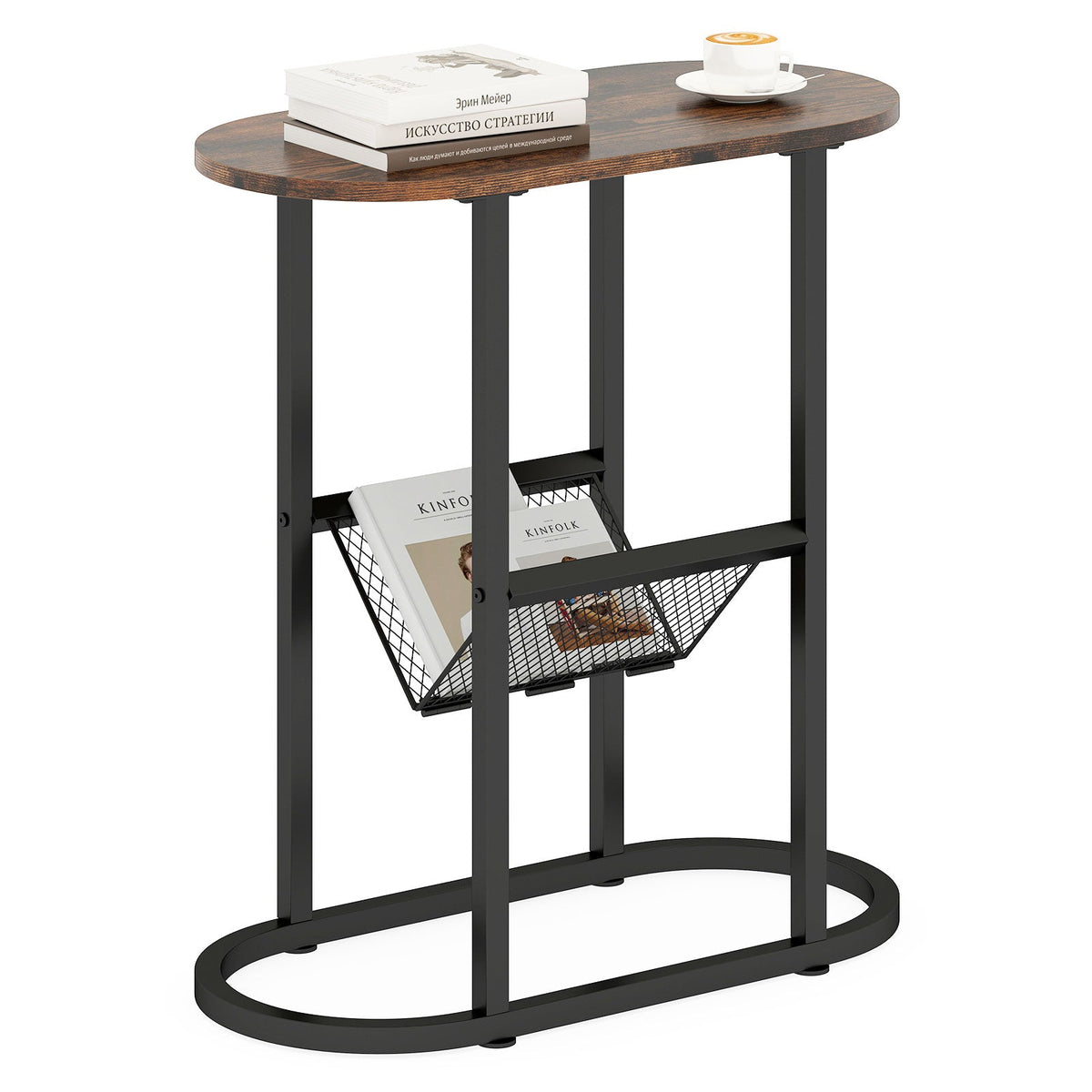 Goflame Oval Narrow Side Table, Small End Table with Magazine Rack Sling Holder Pouch
