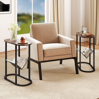 Goflame Oval Narrow Side Table, Small End Table with Magazine Rack Sling Holder Pouch