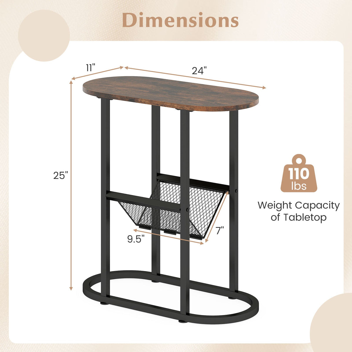 Goflame Oval Narrow Side Table, Small End Table with Magazine Rack Sling Holder Pouch