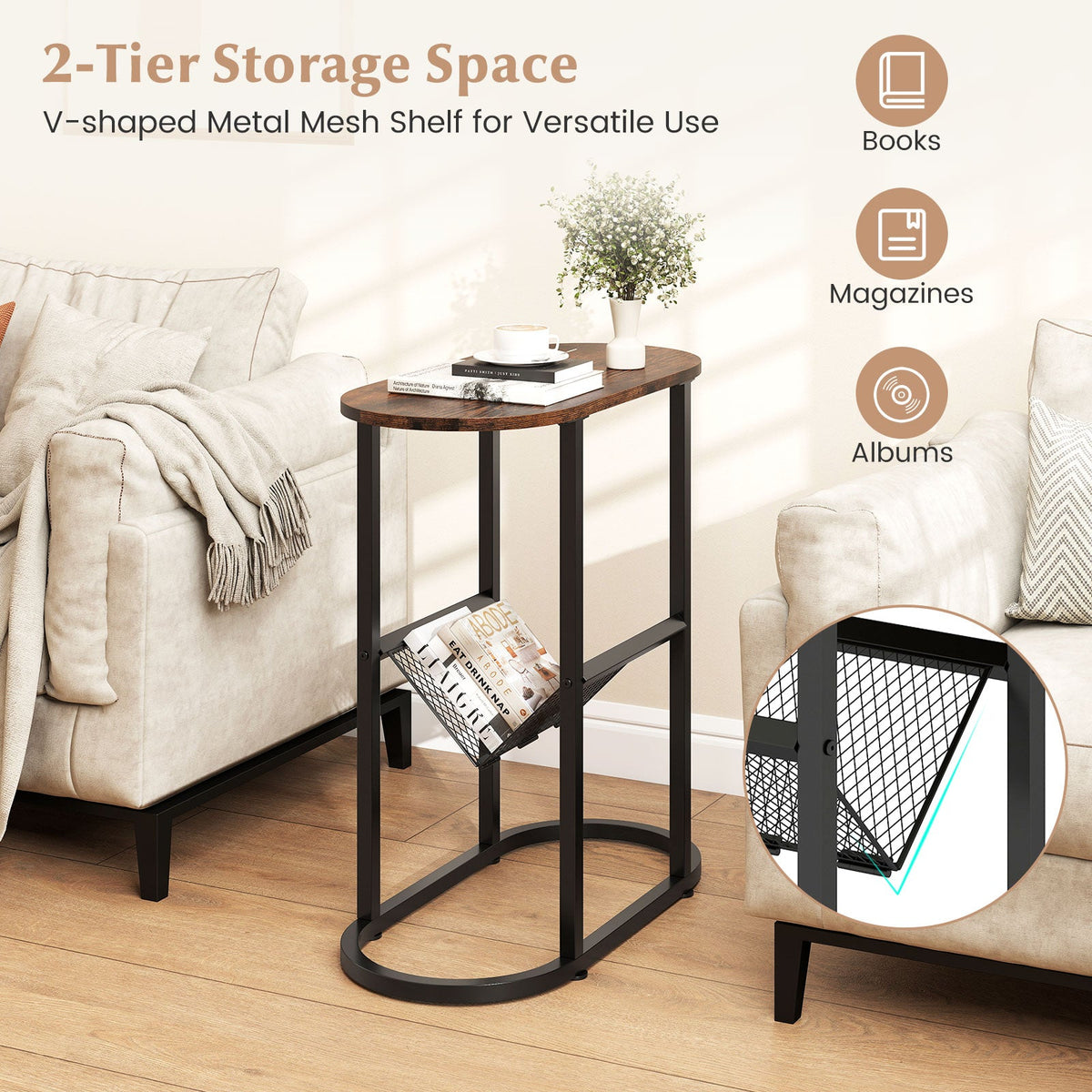 Goflame Oval Narrow Side Table, Small End Table with Magazine Rack Sling Holder Pouch