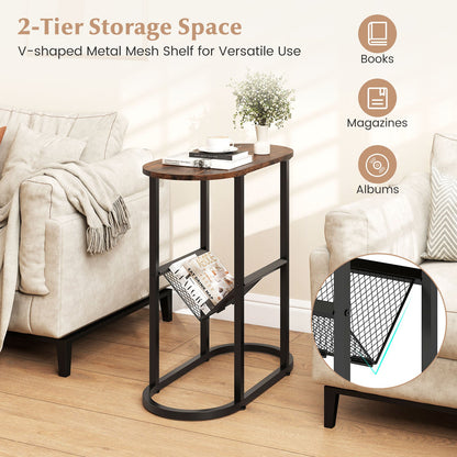 Goflame Oval Narrow Side Table, Small End Table with Magazine Rack Sling Holder Pouch