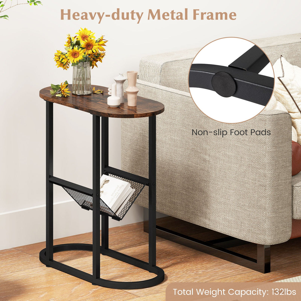 Goflame Oval Narrow Side Table, Small End Table with Magazine Rack Sling Holder Pouch