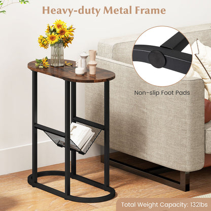 Goflame Oval Narrow Side Table, Small End Table with Magazine Rack Sling Holder Pouch