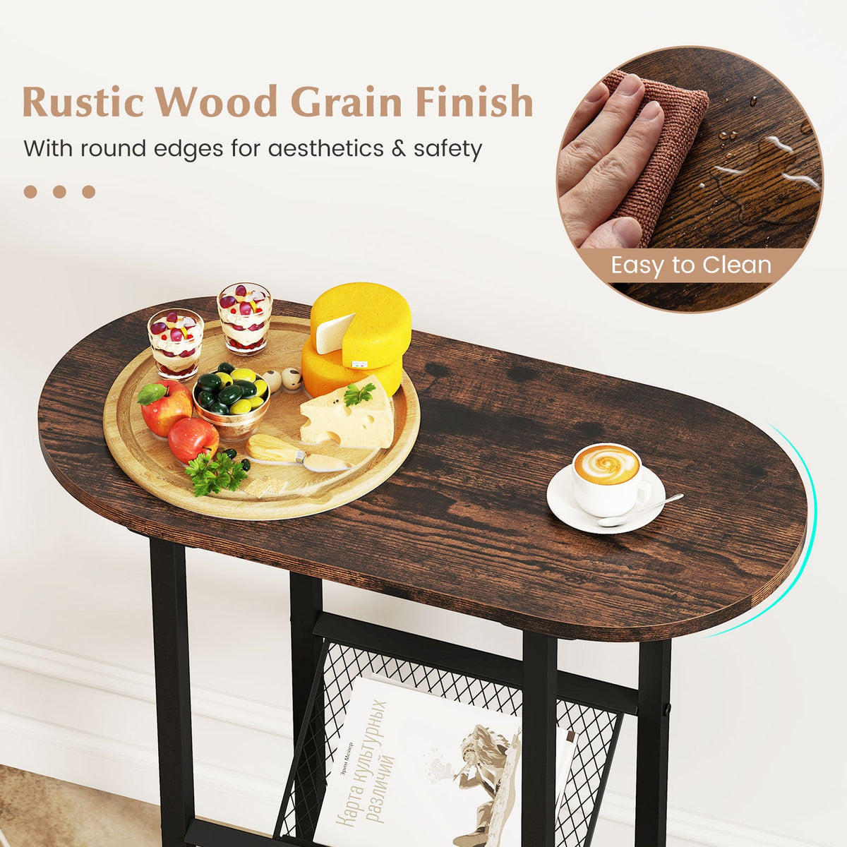 Goflame Oval Narrow Side Table, Small End Table with Magazine Rack Sling Holder Pouch