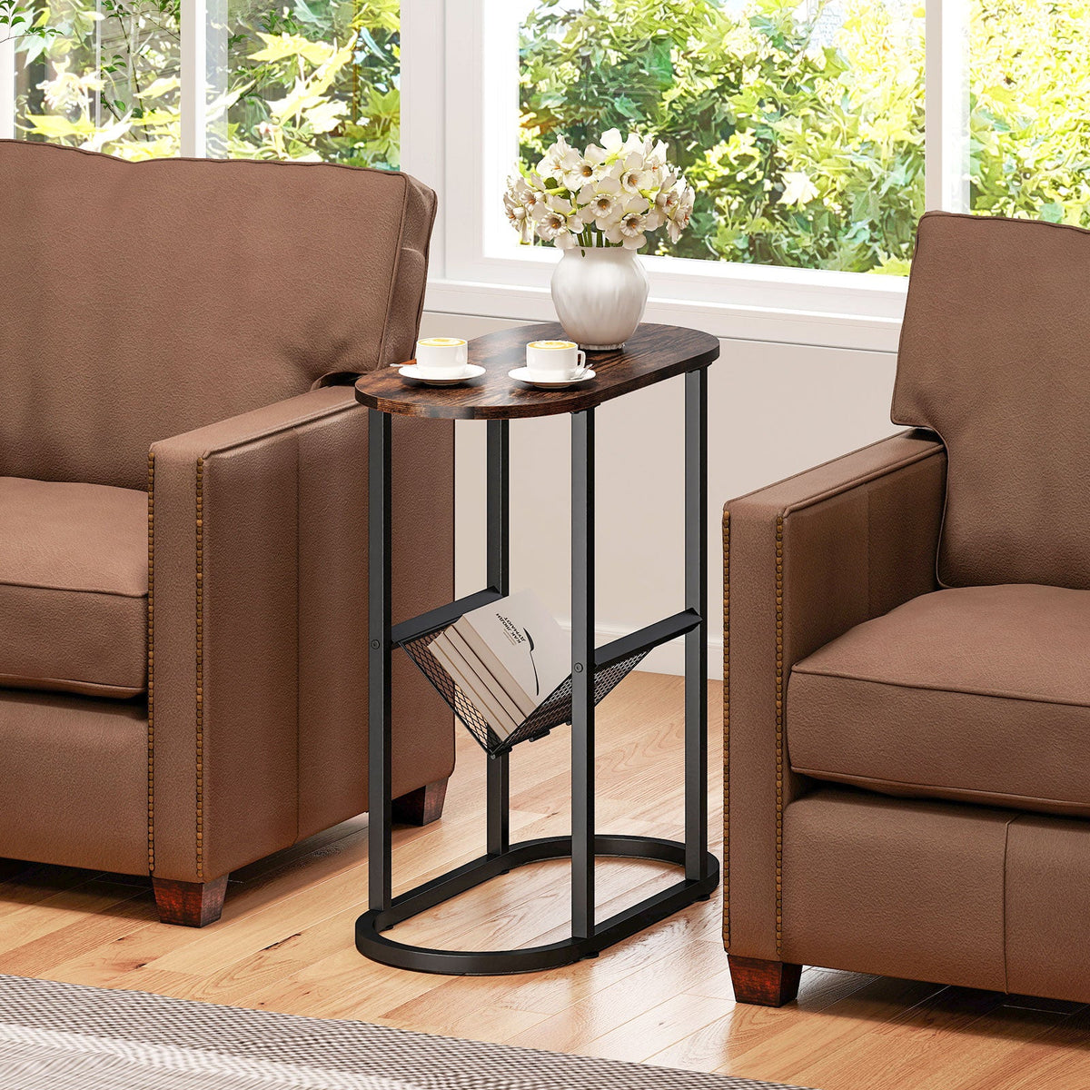 Goflame Oval Narrow Side Table, Small End Table with Magazine Rack Sling Holder Pouch