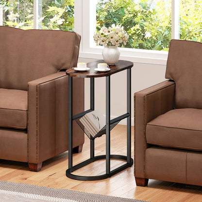 Goflame Oval Narrow Side Table, Small End Table with Magazine Rack Sling Holder Pouch