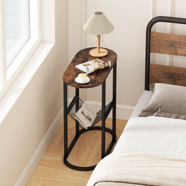 Goflame Oval Narrow Side Table, Small End Table with Magazine Rack Sling Holder Pouch