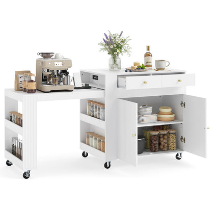 Goflame 72”-44.5” Extendable Kitchen Island with Storage, Power Outlet | Rolling Kitchen Island Table on Wheels w/Fluted Doors