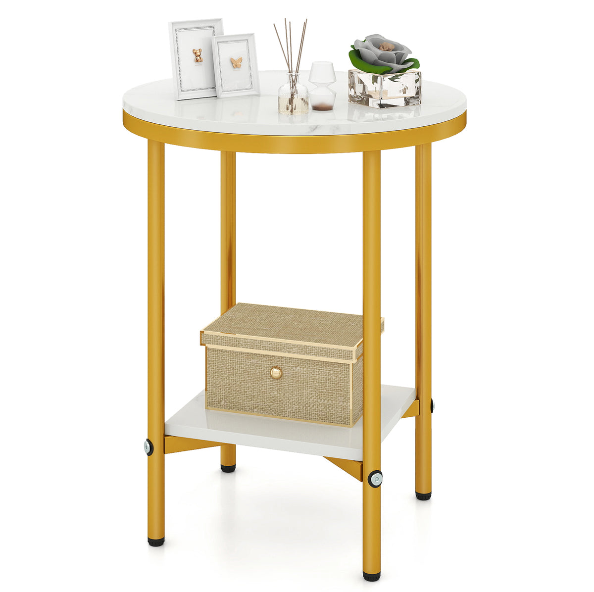 Goflame Round Side Table 2-Tier Faux Marble Sofa Side Coffee Table w/Gold Frame & Open Shelf