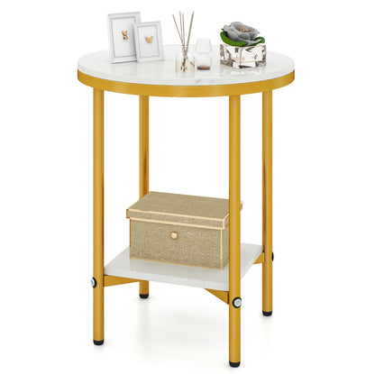 Goflame Round Side Table 2-Tier Faux Marble Sofa Side Coffee Table w/Gold Frame & Open Shelf