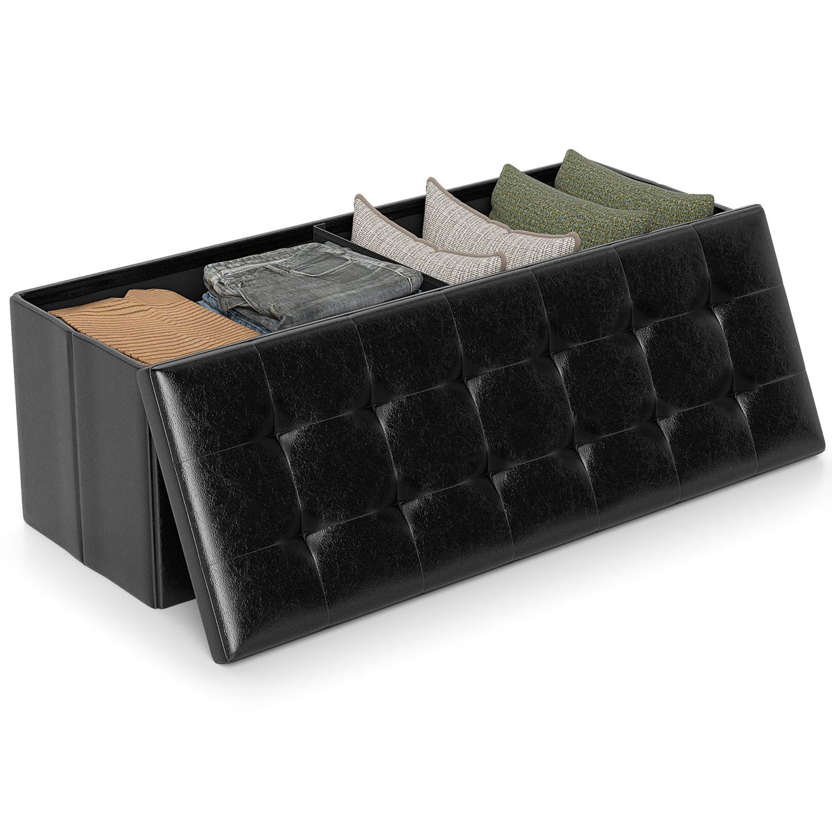 Goflame 43 Inches Folding Storage Ottoman Bench Upholstered PU Leather Storage Chest with Side Pocket