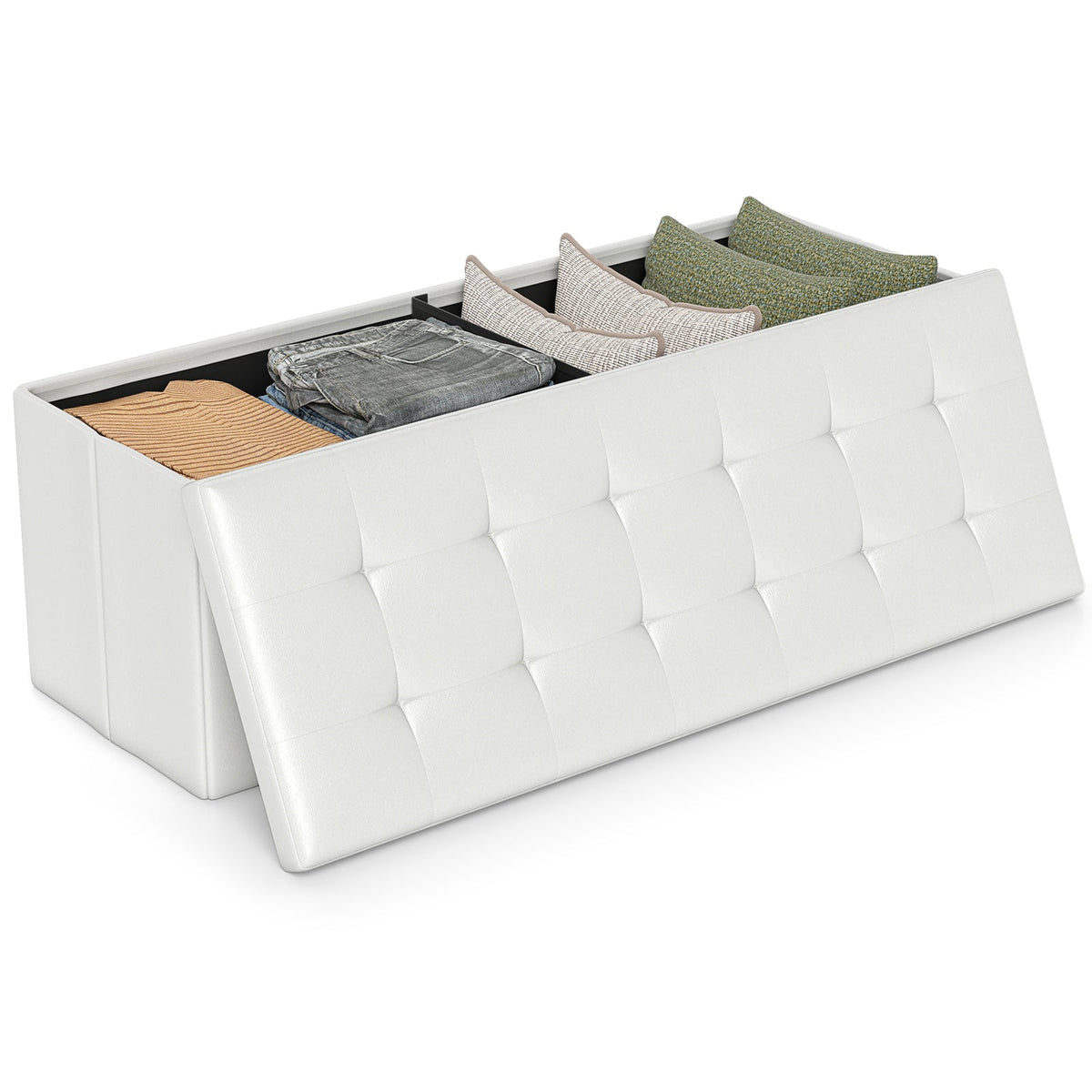 Goflame 43 Inches Folding Storage Ottoman Bench Upholstered PU Leather Storage Chest with Side Pocket