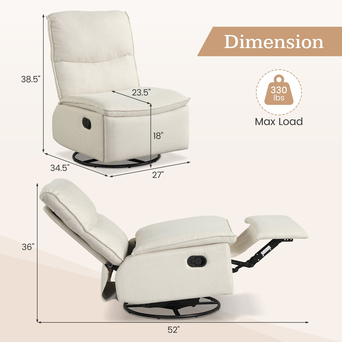 Goflame Swivel Rocking Recliner | 360° Reclining Rocker Chair with Adjustable Cushioned Back
