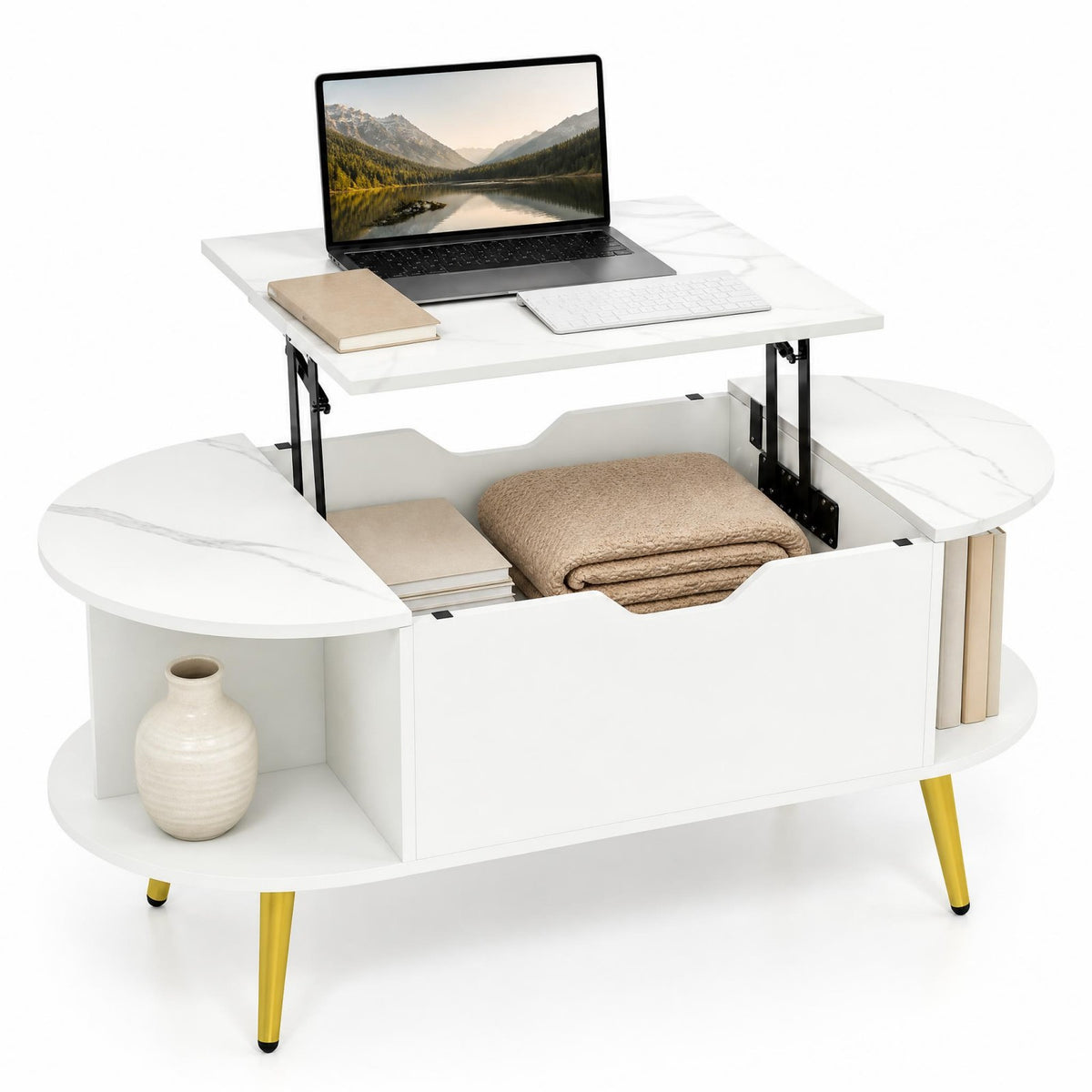 Goflame Lift Top Coffee Table with Storage, 39.5" Faux Marble Center Table