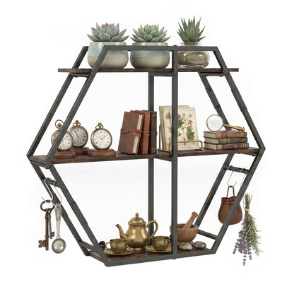 Goflame Industrial Hexagon Wall Shelf with 3-Tier Storage Shelves & 4 Hooks | Decorative Wall Display Rack Unit with Metal Frame