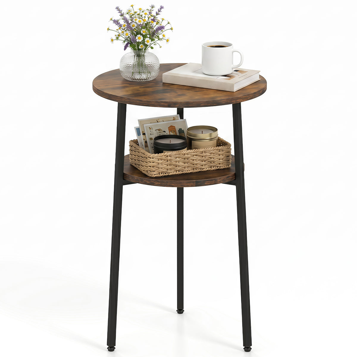 Goflame Round Side Table, 2-Tier End Table w/Metal Frame | Accent Nightstand Bedside Table w/ Storage Shelf for Small Space Sofa Couch Side