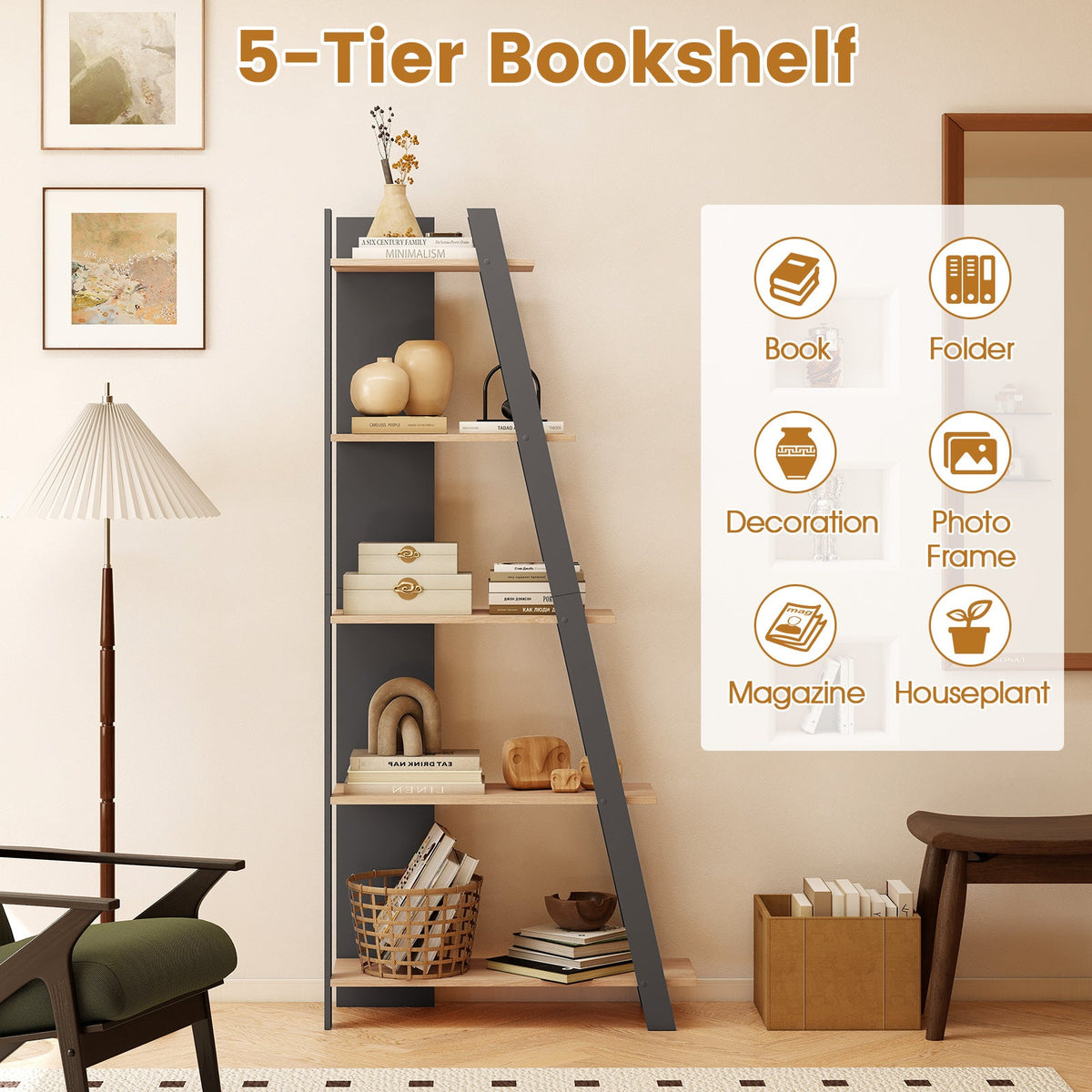 Goflame 4 Tier/ 5-Tier Narrow Wooden Vertical Trapezoidal Bookcase