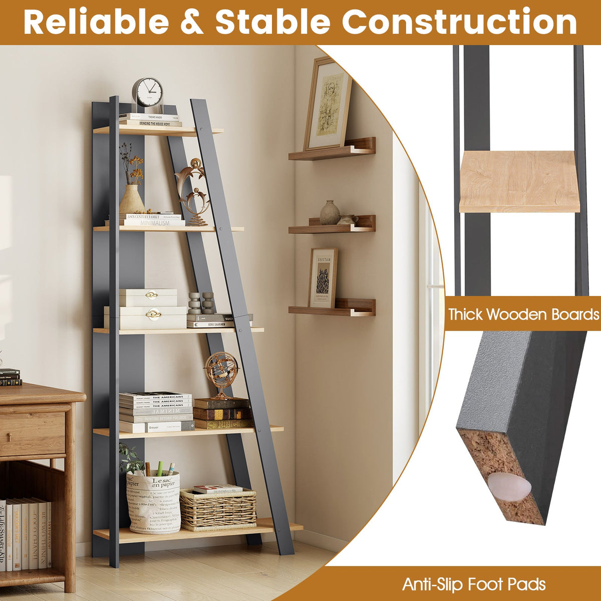 Goflame 4 Tier/ 5-Tier Narrow Wooden Vertical Trapezoidal Bookcase