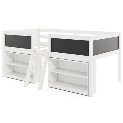 Goflame Low Loft Bed Twin Size, Wooden Loft Bed with Ladder & Blackboard