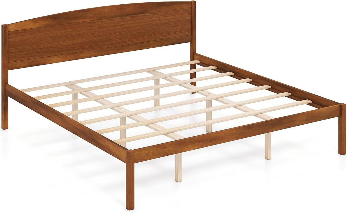 Goflame Wooden Bed Frame with Curved Headboard, Wood Slat Support | Farmhouse Platform Bed w/Heavy Duty Mattress Foundation