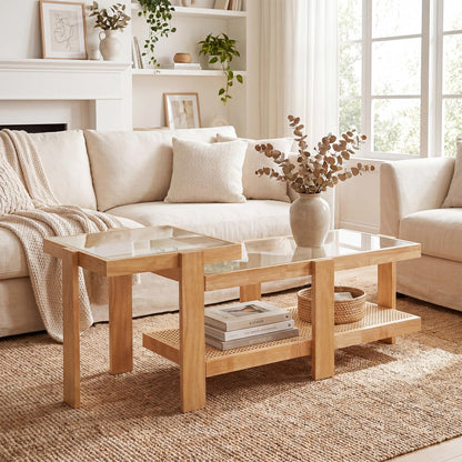 Goflame Nesting Coffee Table Set of 2 with Tempered Glass Top & Solid Rubber Wood Frame