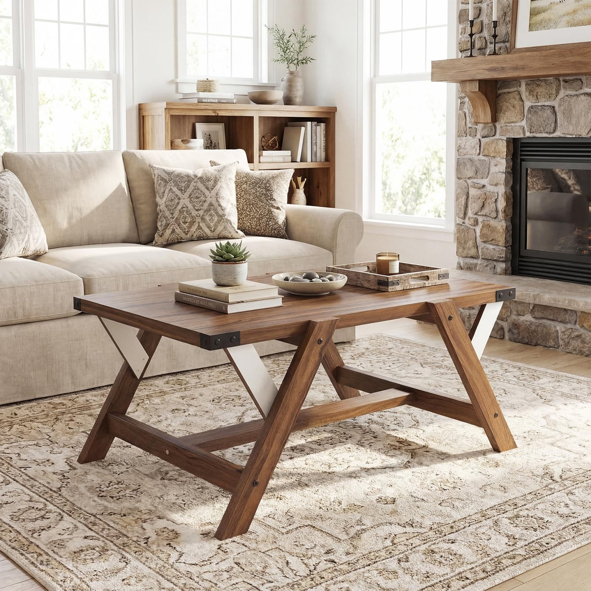 Goflame 35.5" Farmhouse Coffee Table with Decorative Nailhead Accents & Robust Frame