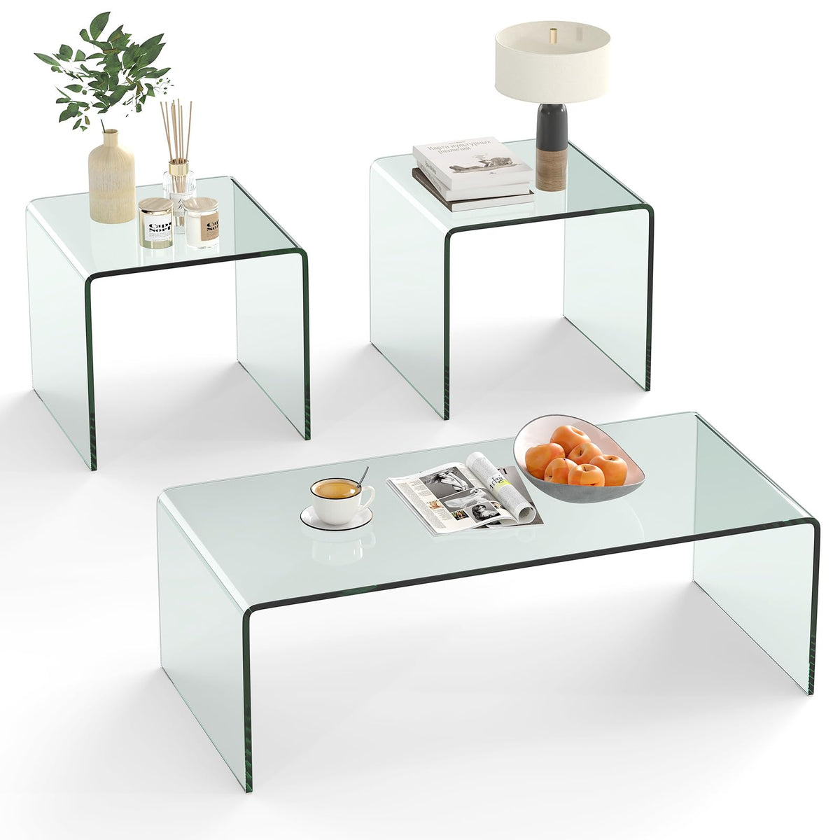 Goflame Tempered Glass Coffee Table Set of 3 with Round Edges No Assembly Needed
