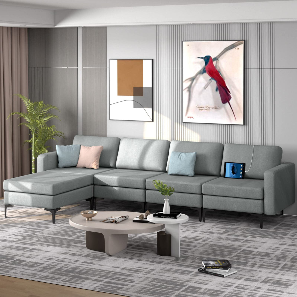 Goflame 4 Seat Convertible Sofa Couch with USB Ports Socket