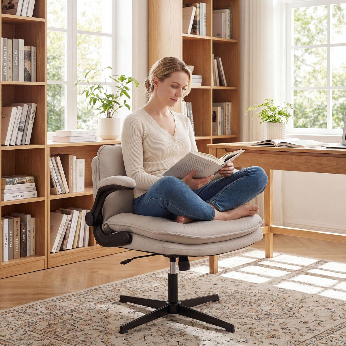 Goflame Ergonomic Cross Legged Office Desk Chair w/Wide Thick Padded Seat