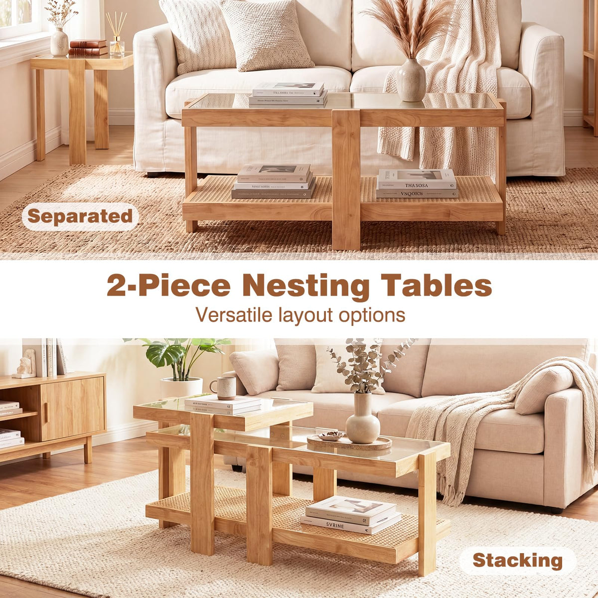 Goflame Nesting Coffee Table Set of 2 with Tempered Glass Top & Solid Rubber Wood Frame