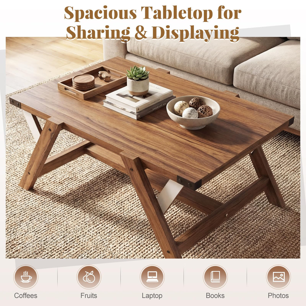 Goflame 35.5" Farmhouse Coffee Table with Decorative Nailhead Accents & Robust Frame