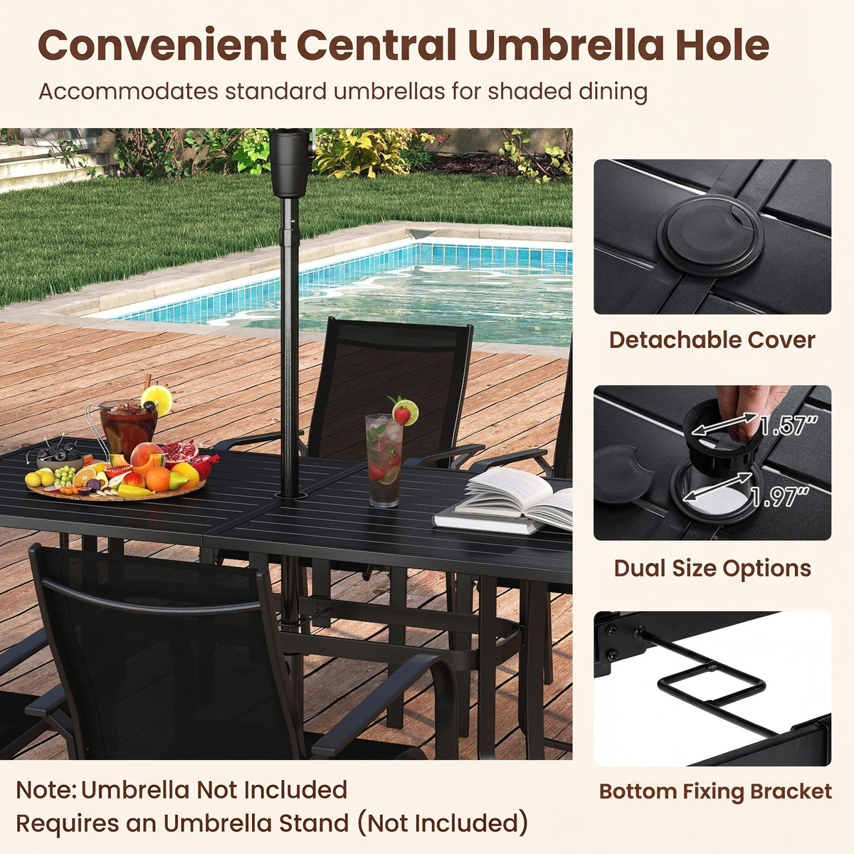 Goflame Rectangular Patio Dining Table for 6 with Adjustable Umbrella Hole for Porch
